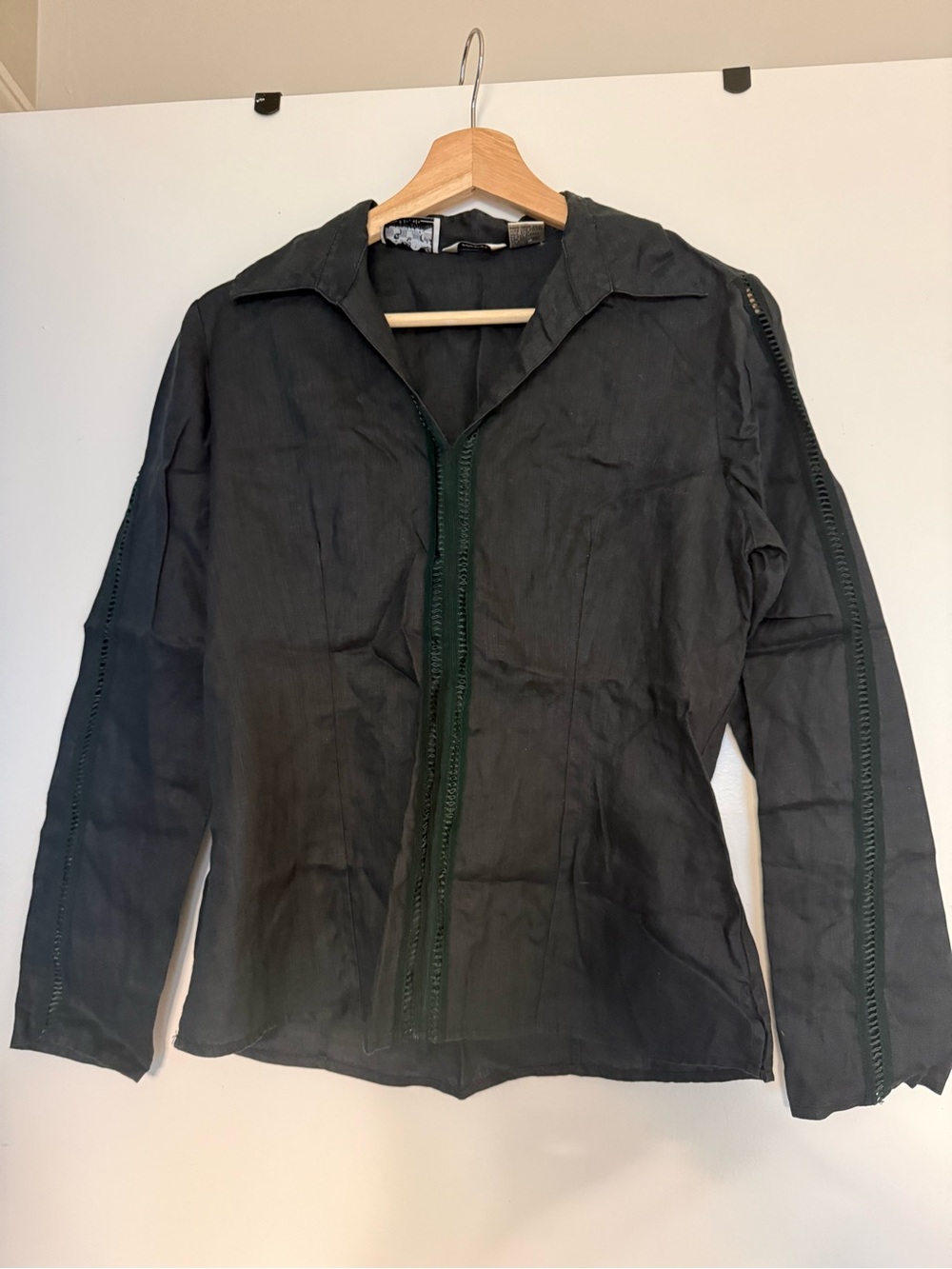 Vintage Edward 100% Irish Linen Blouse Lace Cutout in Black